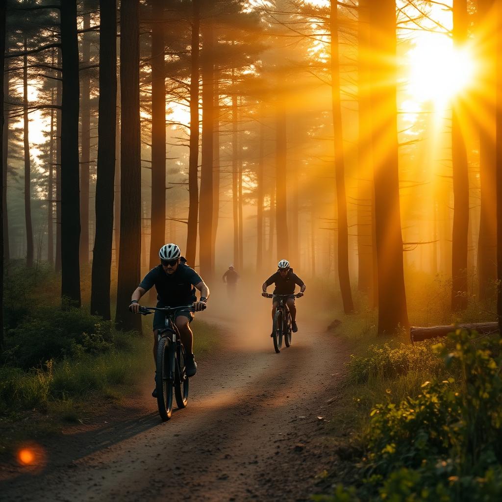 Ciclistas em trilha na floresta ao amanhecer